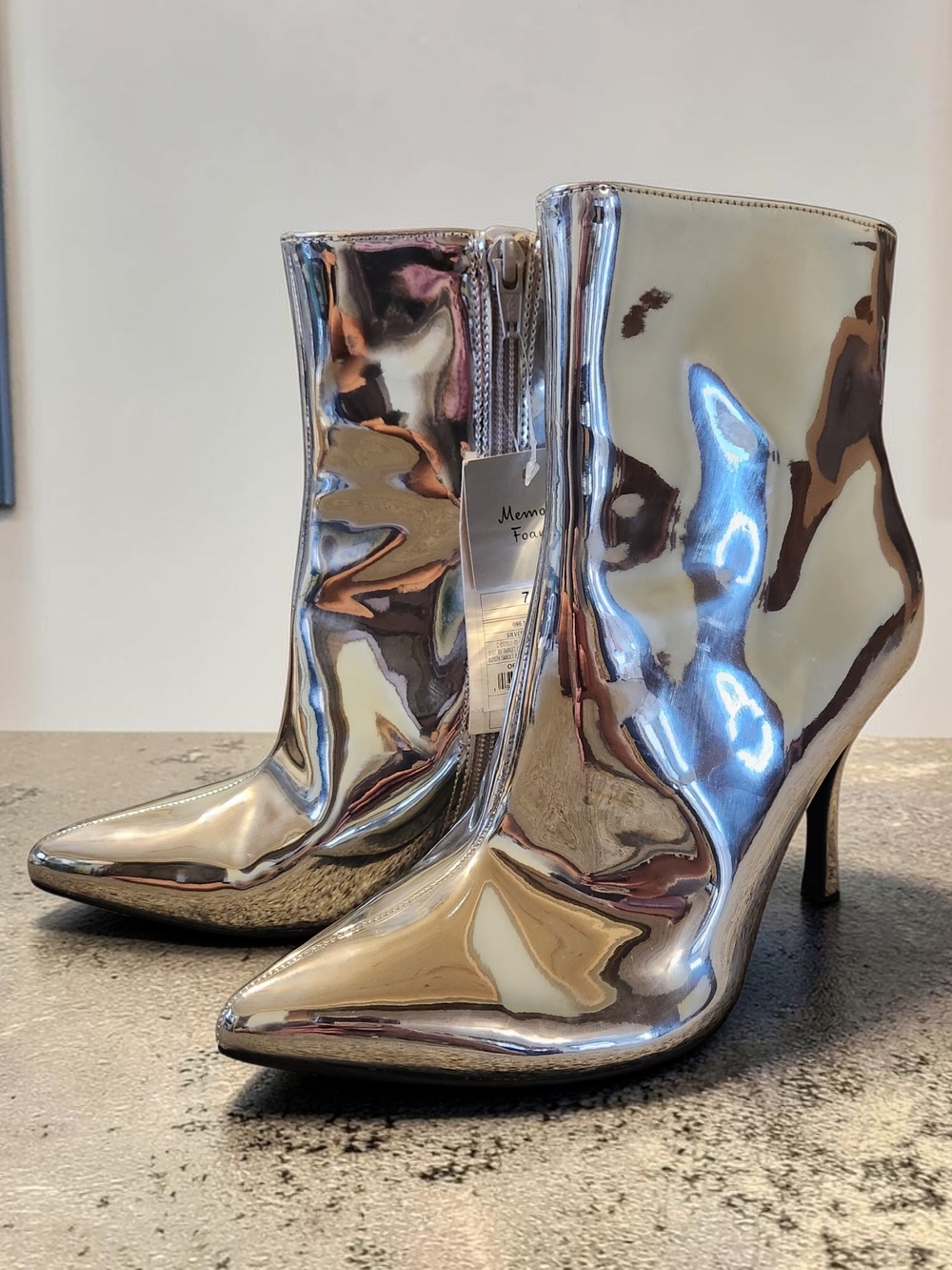 Silver Metallic Pointed-Toe Ankle Boots - Women's Nwt
